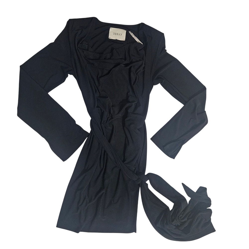 Theo The Label Gods Gift Black Long Sleeve Wrap Mini Dress Medium Draped Jersey